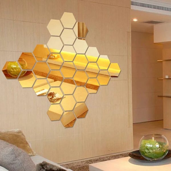 3d Acrylic Hexagon Simple Mirror Sticker (Pack of 12)